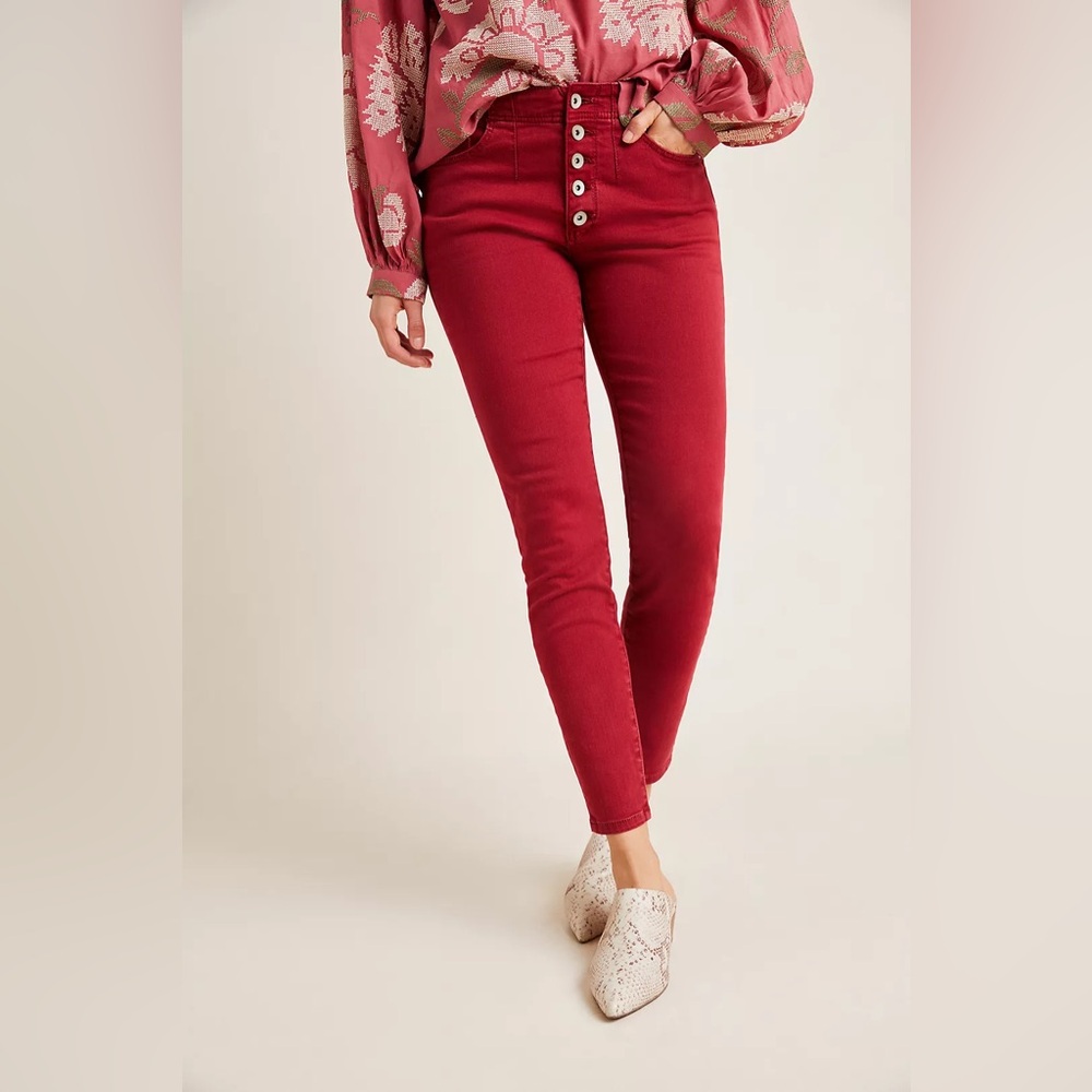Pilcro Anthropologie High Rise Skinny Jean Women’s 30 Red Button-Fly Ankle